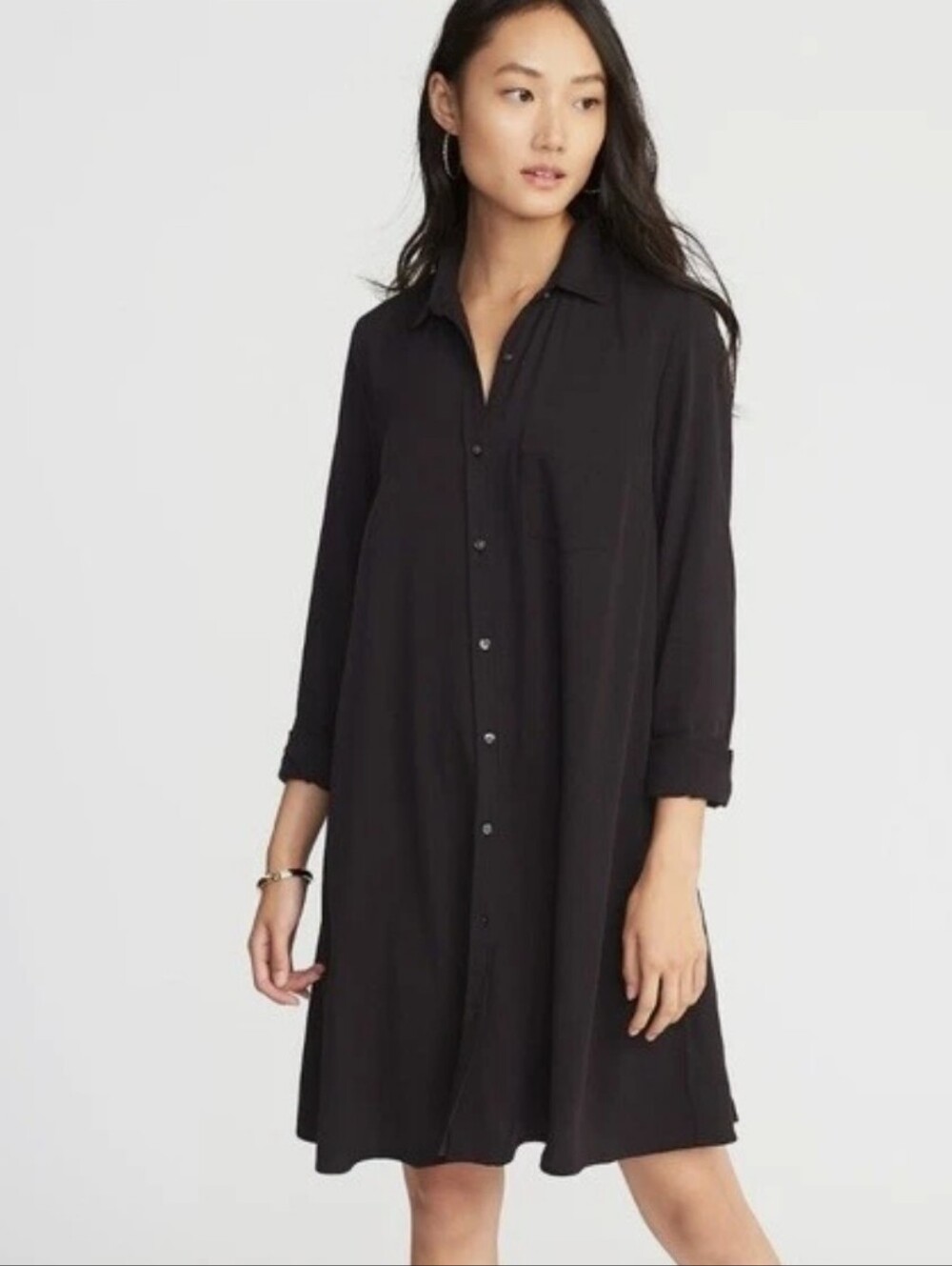 Old Navy Classic Black Long-Sleeve Button-Down Knee Length Shirt Dress - XL